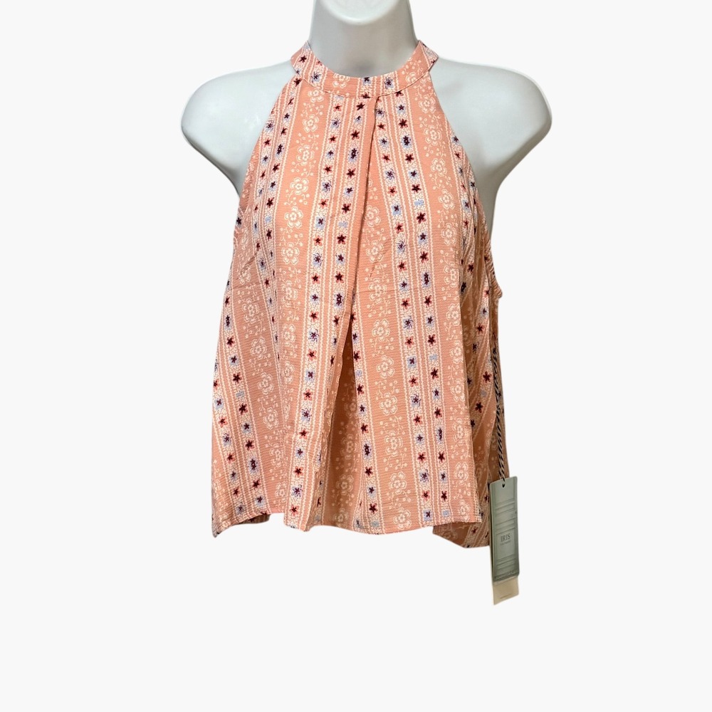 Iris Womens Peach Floral Stripe Halter Neck Pleated Sleeveless Top IT7327-318 M